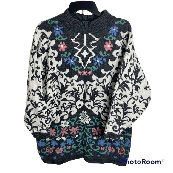 Vintage Floral Sweater 18W Made in USA Kate Collins Pink Blue Black White - Picture 1 of 7